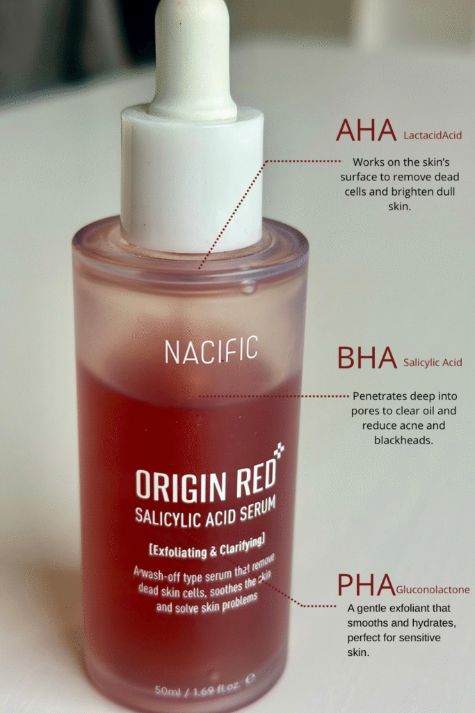 The nacific origin red serum description, aha, BHA, PHA serum