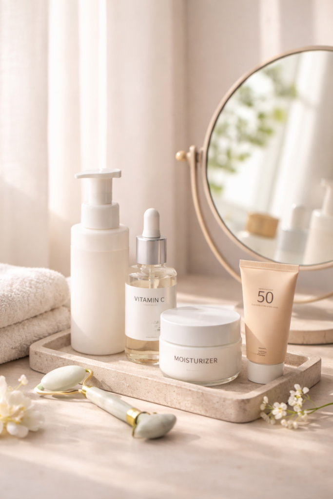 Minimal morning and night skincare routine visual guide