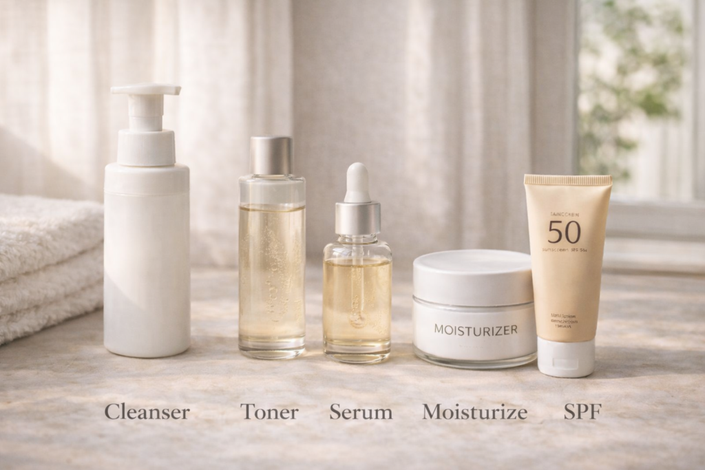 Morning skincare routine steps infographic in correct order