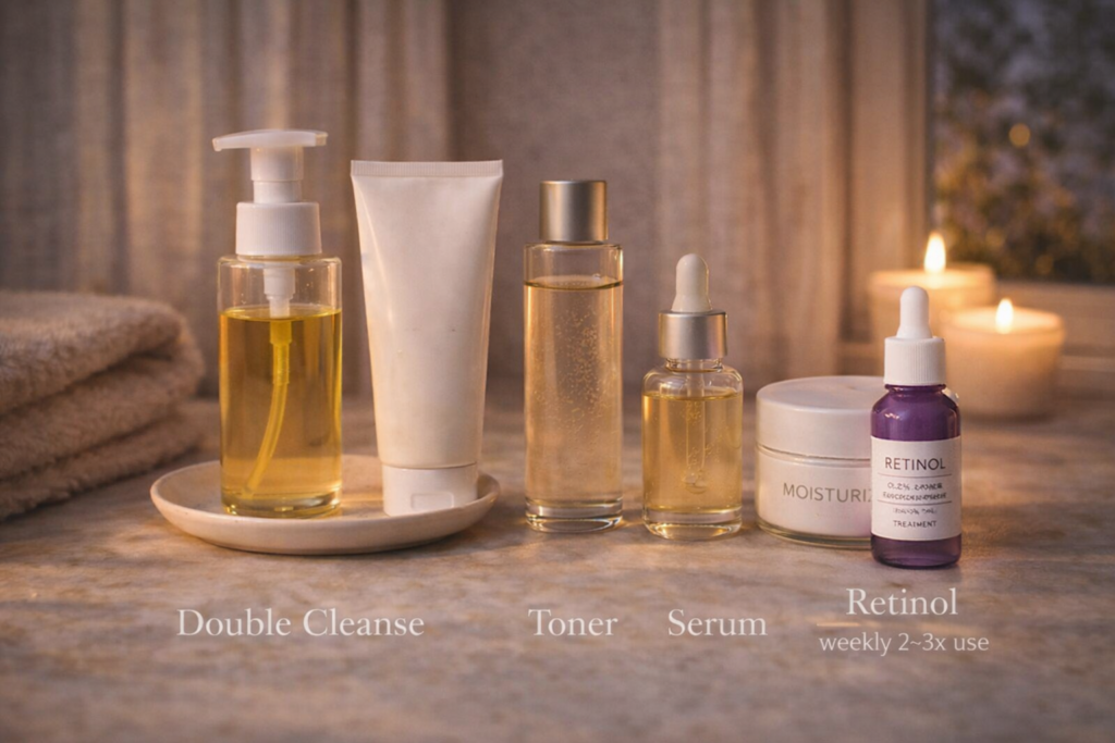 Evening skincare routine with double cleansing, serum, retinol and night moisturizer.