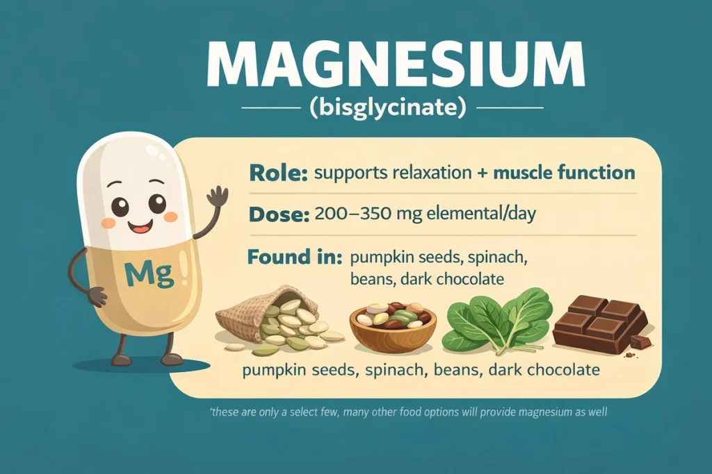 Infographic about magnesium bisglycinate with dosage range and foods like pumpkin seeds, spinach, beans, and dark chocolate.