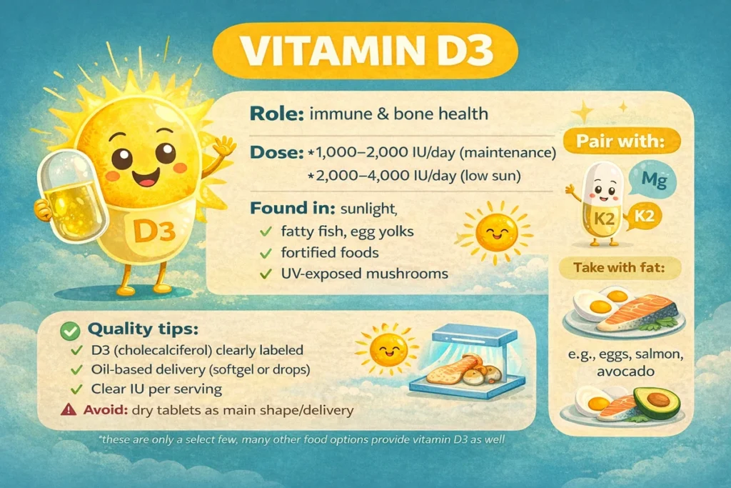 Infographic about vitamin D3 with dose ranges (1,000–2,000 IU and 2,000–4,000 IU), sources like sunlight, fatty fish and egg yolks, plus quality tips and pairing with magnesium.