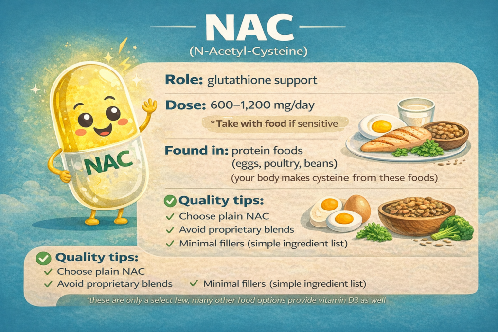 Infographic about NAC (N-acetyl cysteine) with glutathione support role, recommended dose (600–1,200 mg/day), protein food sources, and quality tips like choosing plain NAC and avoiding proprietary blends.