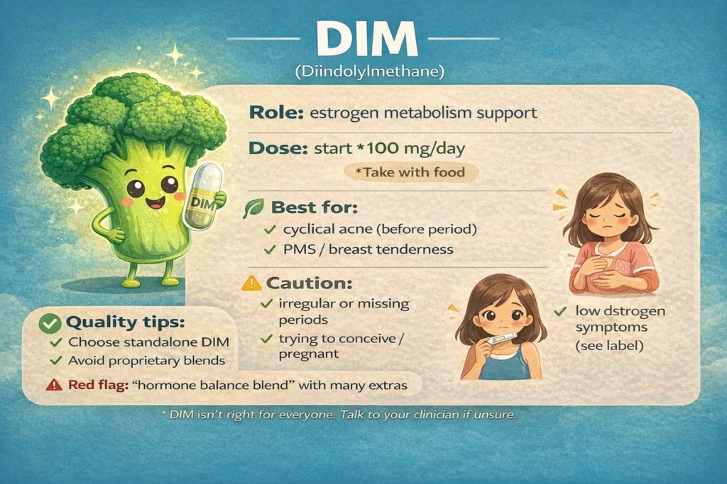 Infographic about DIM (diindolylmethane) with estrogen metabolism support role, starting dose (100 mg/day), best-for signs (cyclical acne, PMS/breast tenderness), cautions (irregular periods, trying to conceive/pregnancy), and quality tips to choose standalone DIM.