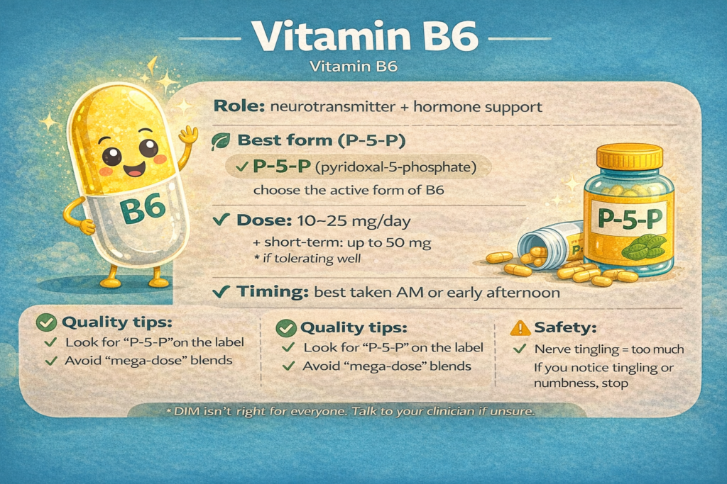 Infographic about vitamin B6 with active form P-5-P, recommended dose (10–25 mg/day, up to 50 mg short-term), best timing (morning/early afternoon), quality tips, and safety warning about tingling or numbness.