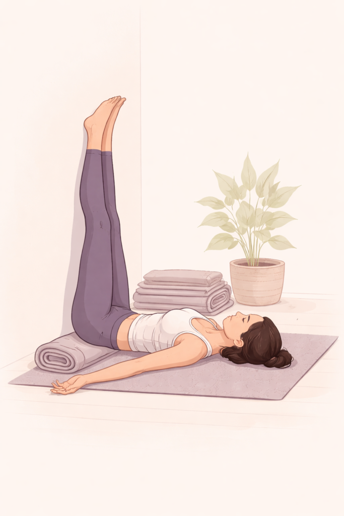 Woman practicing Legs Up the Wall yoga pose to support inflammation and hormone balance