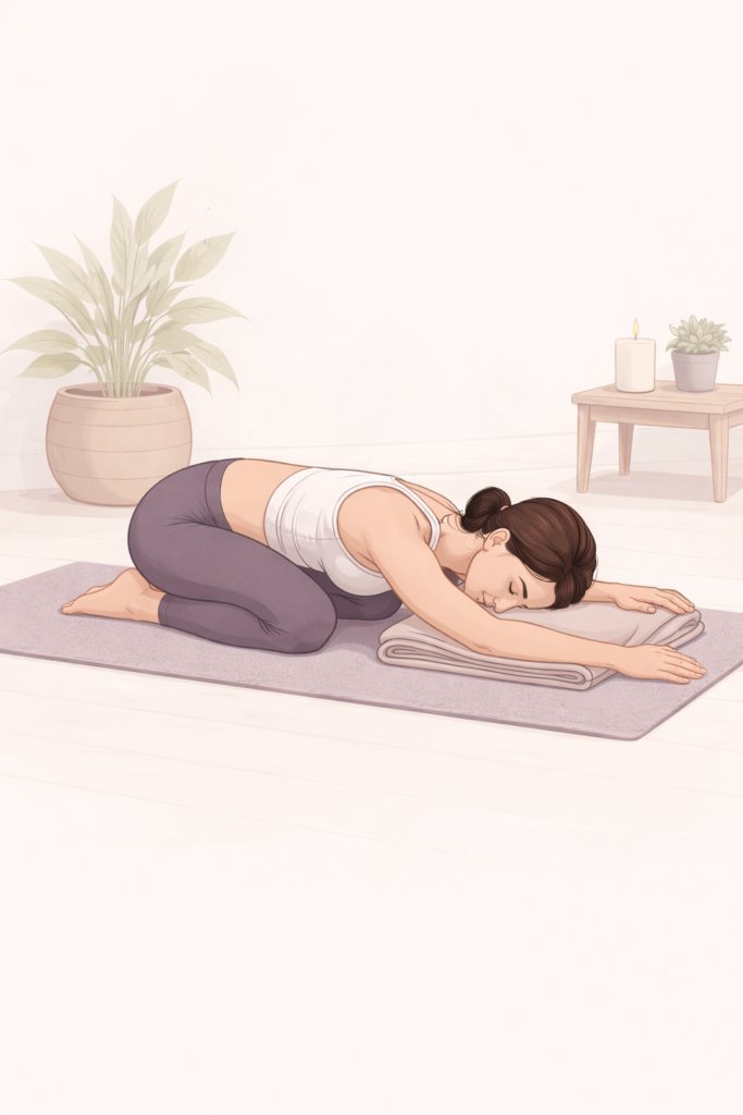 Woman in Child’s Pose yoga position for stress relief and inflammation support