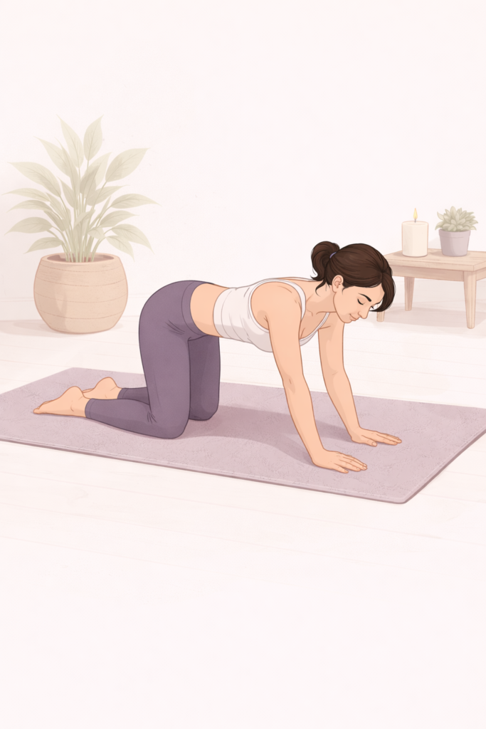 Woman practicing gentle Cat-Cow yoga pose to calm the nervous system and support women’s inflammation
