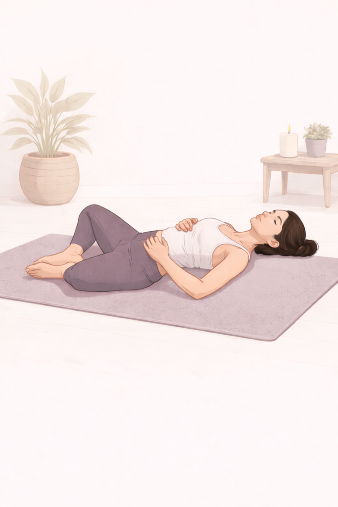 Woman in Reclined Bound Angle pose for hormonal balance and pelvic relaxation