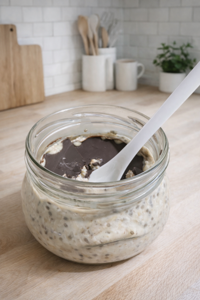 A jar of creamy vanilla overnight oats topped with a dark chocolate shell and served with a spoon on a wooden kitchen counter.