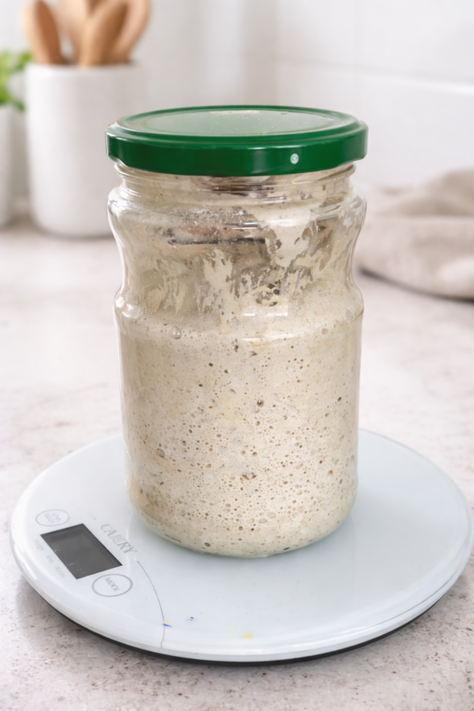 Active sourdough starter in a glass jar with visible bubbles ready for baking.
