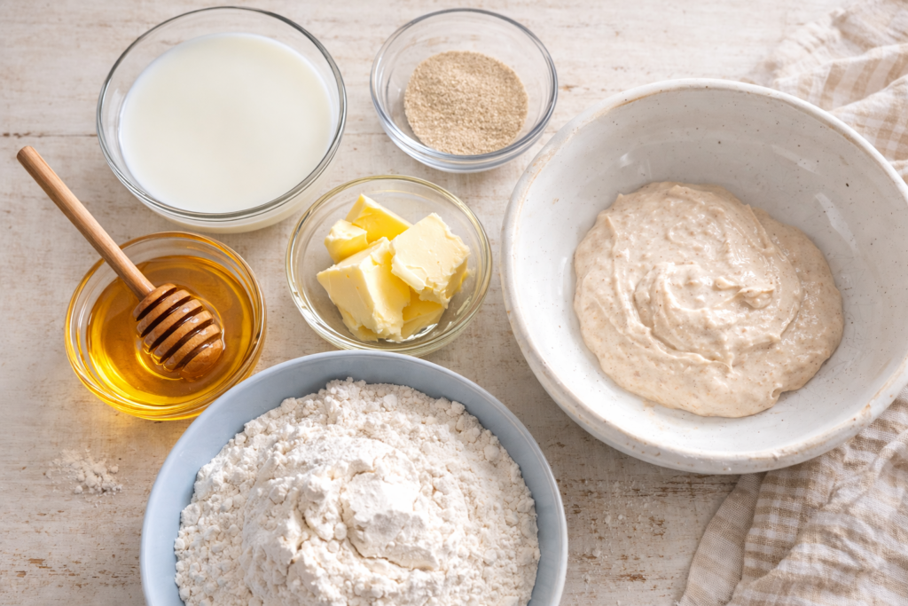 Top-down view of sourdough discard English muffin ingredients arranged on a light vintage-style kitchen counter, including flour,almond milk, honey, butter, yeast, and sourdough discard in bowls with a beige gingham kitchen towel.