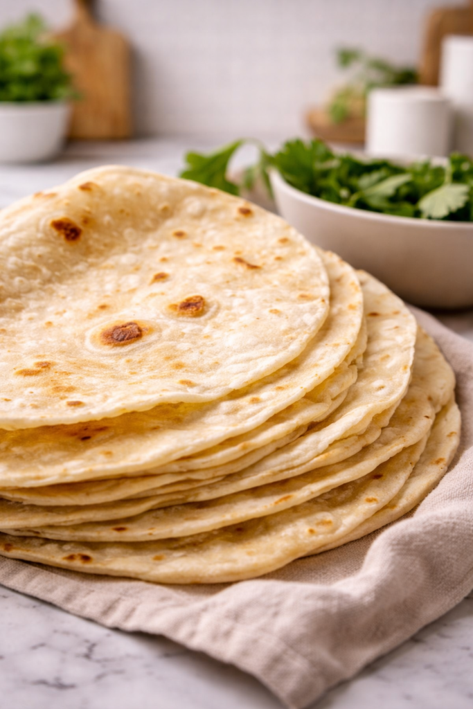 Homemade sourdough discard tortillas stacked with golden brown spots, close-up food photography