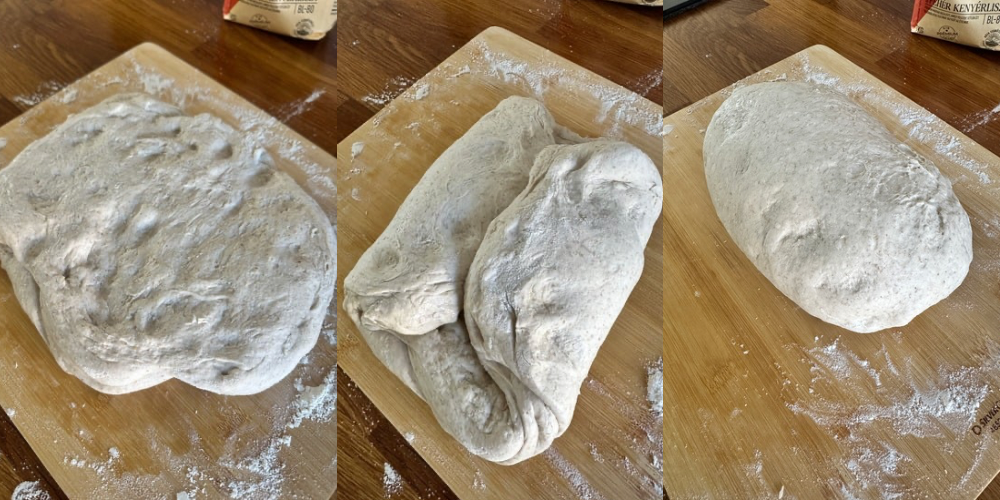 Step-by-step shaping process: stretching the dough, folding it, and forming a tight loaf.
