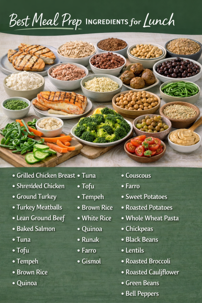 Dinner meal prep ingredients infographic with chicken, rice, beans, pasta, vegetables, tortillas, and other make-ahead dinner staples.