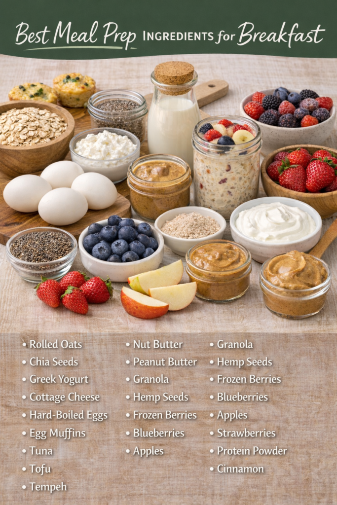 Breakfast meal prep ingredients infographic featuring oats, chia seeds, yogurt, berries, eggs, nut butter, and other make-ahead breakfast staples.