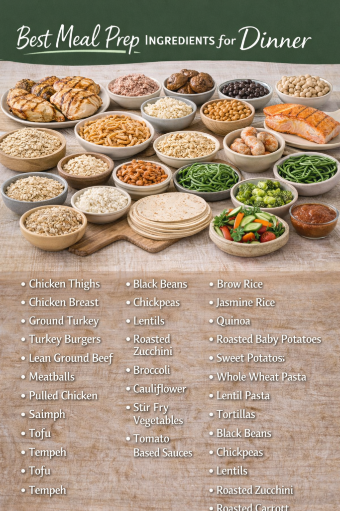 Snack meal prep ingredients infographic featuring hard-boiled eggs, yogurt, fruit, nuts, seeds, hummus, crackers, and easy grab-and-go snacks.