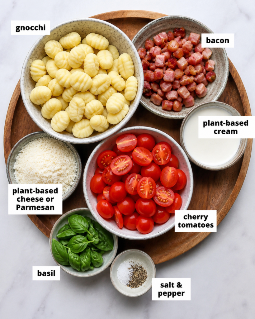 Ingredients for creamy tomato bacon gnocchi including gnocchi, bacon, cherry tomatoes, basil, cream, and cheese.