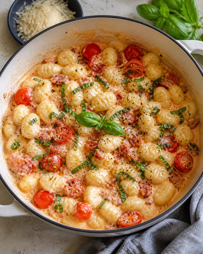 Creamy tomato bacon gnocchi with cherry tomatoes, basil, and black pepper in a skillet.